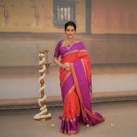Eevara Orange Purple Kancheevaram Heirloom Silk Saree