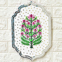 Exquisite Floral Wall Decor with Mirror Accents, Handmade Wooden Plaque