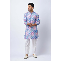 Men's Multicolored Printed Silk Kurta and White Trouser Set, Festive Ethnic Wear, Regular Fit