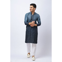 Men's Blue Ombre Silk Kurta with Mirror Work Neck and White Pajama Set, Festive Ethnic Wear, Regular Fit