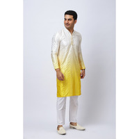 Men's Yellow Ombre Silk Kurta with Mirror Work and White Trouser Set, Festive Ethnic Wear, Regular Fit