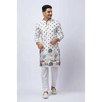 Men's White Printed Silk Kurta with Motifs and White Trouser Set, Festive Ethnic Wear, Regular Fit