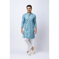 Men's Blue with White Motifs Printed Silk Kurta and White Trouser Set, Festive Ethnic Wear, Regular Fit