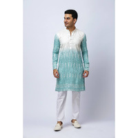 Men's Blue Ombre Silk Kurta with Mirror Work and White Trouser Set, Festive Ethnic Wear, Regular Fit