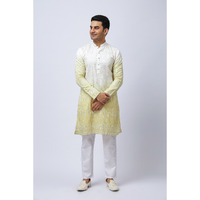 Men's Yellow Ombre Silk Kurta with Mirror Work and White Trouser Set, Festive Ethnic Wear, Regular Fit