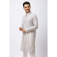 Men's Lilac Lucknowi Embroidery design Silk Kurta and White Trouser Set, Festive Ethnic Wear, Regular Fit