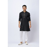Men's Black Silk Kurta with neck embroidery and White Trouser Set, Festive Ethnic Wear, Regular Fit