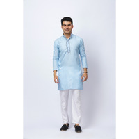 Men's Sky Blue Silk Kurta with neck embroidery and White Trouser Set, Festive Ethnic Wear, Regular Fit