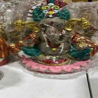 Hand Painted Clay Ganesh Idol with Lotus Base 8.5 Inch