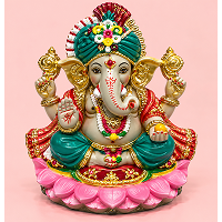 Hand Painted Clay Ganesh Idol with Lotus Base 8.5 Inch