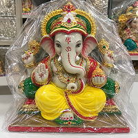 Hand Painted Clay Ganesh Idol with Ornate Lotus Base 8.5 Inch