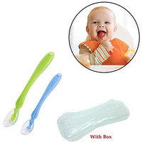 Safe-O-Kid Soft Silicone Tip Spoons Set Box (2 Spoons), Blue & Green (Size: Pack of 1)