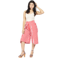 Craft Darbar Women's Designer Culottes / Wide Capri Pants Cotton Satin Stripe (White & Red)