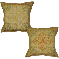 Vintage Retro Cushion Covers Pair Zari Embroidered Brown Cotton Pillowcases 40 Cm