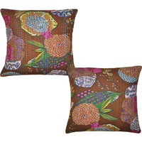 Vintage Printed Cushion Covers Pair Kantha Fruit Brown Cotton Pillowcases 40 Cm