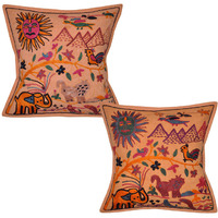 Indian Cotton Cushion Covers Pair Nature Embroidered Orange Pillow Case 40 Cm 16 Inch