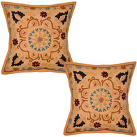 Handmade Cotton Cushion Covers Pair Embroidered Circle Orange Pillowcases 40 Cm