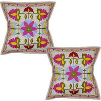 Indian Floral Cotton Cushion Covers Pair Embroidered Beige Sofa Pillow Cases 16 Inch