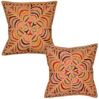 Indian Peach Cushion Covers Pair Floral Embroidered Square Cotton Pillow Case 16 Inch