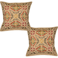 Indian Cotton Cushion Covers Pair Embroidered Beige Pillow Cases Throw 40 Cm 2 Pc
