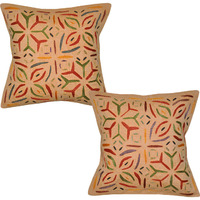 Indian Cotton Cushion Covers Pair Embroidered Orange Retro Pillow Throw Cases