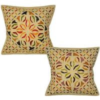 Indian Cotton Cushion Covers Pair Floral Embroidered Peach Pillowcases Throw 16 Inch
