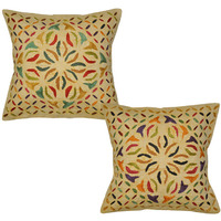 Handmade Embroidered Cushion Covers Pair Cotton Peach Pillow Covers Throw 40 Cm