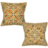 Vintage Retro Cushion Covers Pair Embroidered Designer Cotton Peach Pillowcases