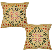 Indian Cotton Cushion Covers Pair Embroidered Floral Peach Pillowcases Throw 16 Inch
