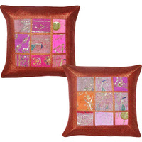 Ethnic Silk Pillow Cases Set Brocade Sequence Embroidered Orange Cushion Covers