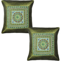 Vintage Retro Cushion Covers Pair Mirror Brocade Green Silk Retro Pillowcase 17 Inch