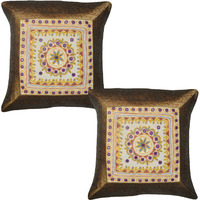 Indian Cotton Cushion Covers Pair Mirror Embroidered Brown Square Pillowcase 17 Inch