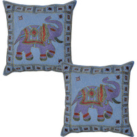 Indian Cotton Cushion Covers Pair Elephant Embroidered Blue Pillow Case 40 Cm 16 Inch