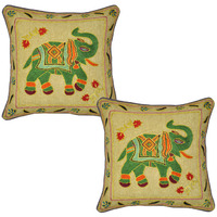 Indian Elephant Cushion Covers Pair Suzani Embroidered Green Cotton Pillowcases