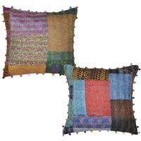 Indian Raw Silk Cushion Covers Set Of 2 Pcs Old Dress Patchwork Pillowcases 40 Cm
