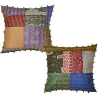 Indian Pillow Cases Pair Raw Silk Patchwork Home Decor Retro Cushion Covers 40 Cm