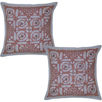 Indian Cotton Cushion Covers Pair Cut Work Mirror Square Blue Pillow Cases 40 Cm