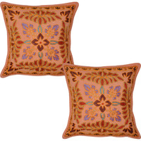 Ethnic Cotton Cushion Covers Pair Floral Embroidered Peach Square Pillowcase 16 Inch