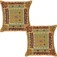 Vintage Patchwork Cushion Covers Pair Mirror Cut Work Yellow Pillow Covers 40 Cm