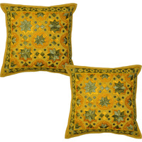 40 Cm Indian Cotton Cushion Covers Pair Embroidered Mirror Yellow Pillowcases New