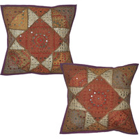 Ethnic Pillow Cases Embroidered Mirror Square Home Decor Cushion Covers Pair 16 Inch