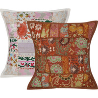 Embroidered Patchwork Cushion Covers Indian Handmade Cotton Pillow Cases Pair