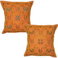 Handmade Indian Square Pillow Cases Embroidere?d Orange Cushion Cover Set 2PC 16