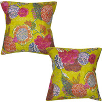 Cotton Cushion Covers Indian Handmade Kantha Yellow Pillow Case 16 X 16 Inch