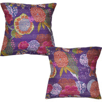 Indian Kantha Cushion Cover Floral Decor Cotton Purple Pillow Cover Exclusive