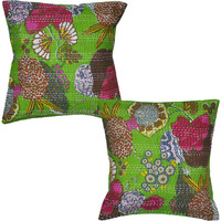 Printed Green Cotton Cushion Covers Pair Indian Vintage Throw Pillow Case 16X16 Inch