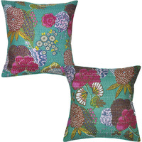 Green Cotton Cushion Covers Pair Indian Printed Handmade Pillow Case Throw 16X16