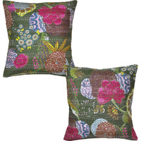Indian Cotton Cushion Covers Pair Vintage Printed Handmade Green Pillow Case 16 Inch