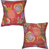 Handmade Cushion Covers Pair Block Printed Cotton Red Pillow Cases Throw 16X16 Inch