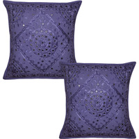 Indian Cotton Cushion Covers Pair Mirror Blue Embroidered Square Sofa Pillowcase